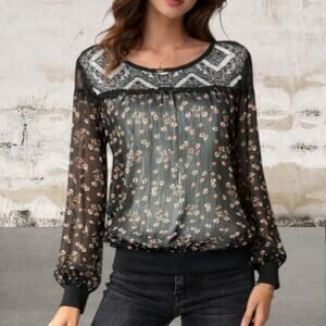 Metaphor Women's Black Sheer Flower Design Long Sleeve - Size Small